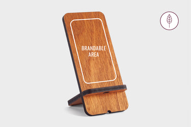 Wooden phone stand with a customizable area—ideal for client or employee gifting